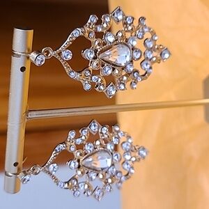 Elegant Gold and Faux Diamonds Dangle Pierced Earrings